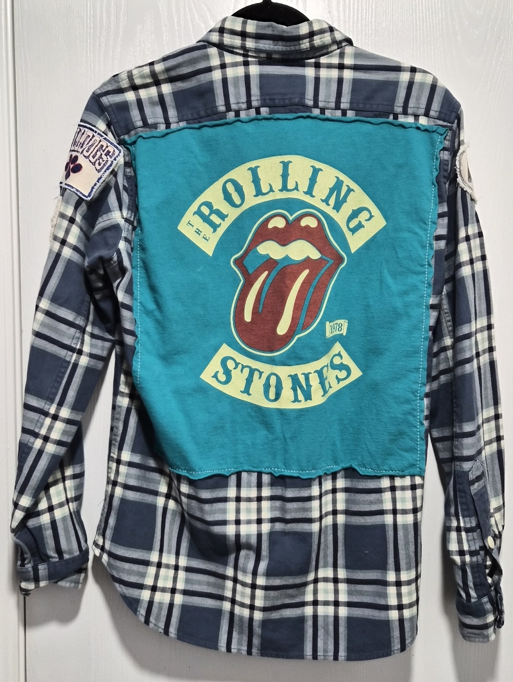 Upcycled Unisex Rolling Stones Flannel Blue Plaid Button Down Shirt